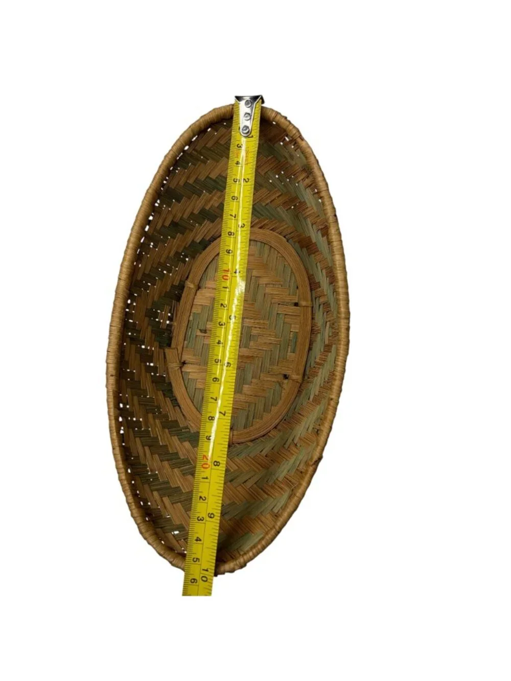 Vintage Handwoven Oval Bread Basket Geometric Green Natural Split Reed Boat Tray